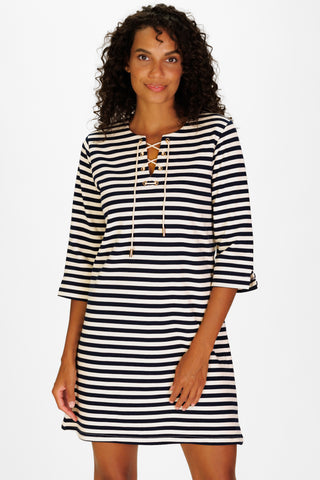 French Terry Teddy Dress in Navy & White Stripe