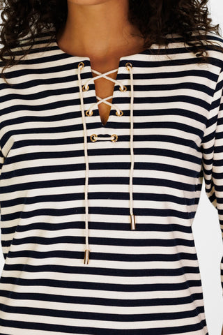 French Terry Teddy Dress in Navy & White Stripe