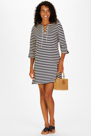 French Terry Teddy Dress in Navy & White Stripe