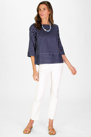Tilda Top in Navy Linen Stripe