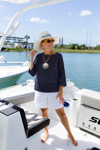 Tilda Top in Navy Linen Stripe