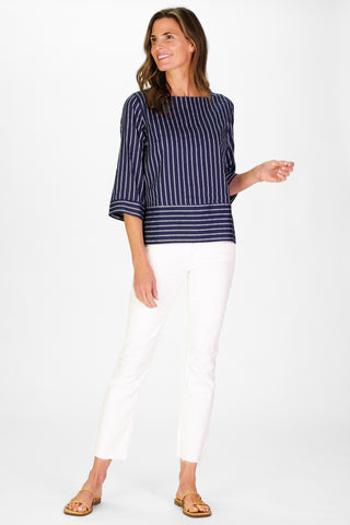 Tilda Top in Navy Linen Stripe
