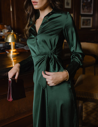 Tilden Dress in Spruce Stretch Satin
