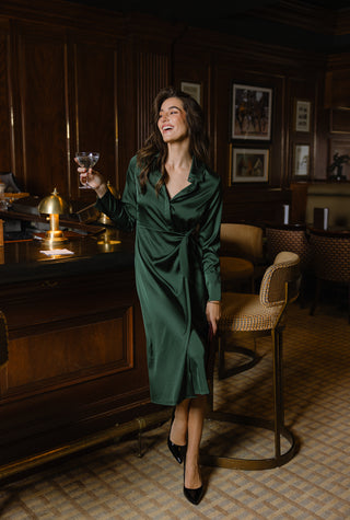 Tilden Dress in Spruce Stretch Satin