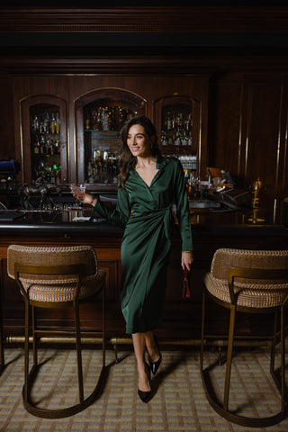 Tilden Dress in Spruce Stretch Satin
