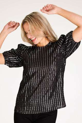 Ulla Top in Black Clipped Metallic Silver Stripe