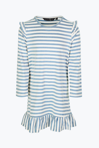 Girls Remi Ruffle Dress in Blue & Cream Knit Stripe