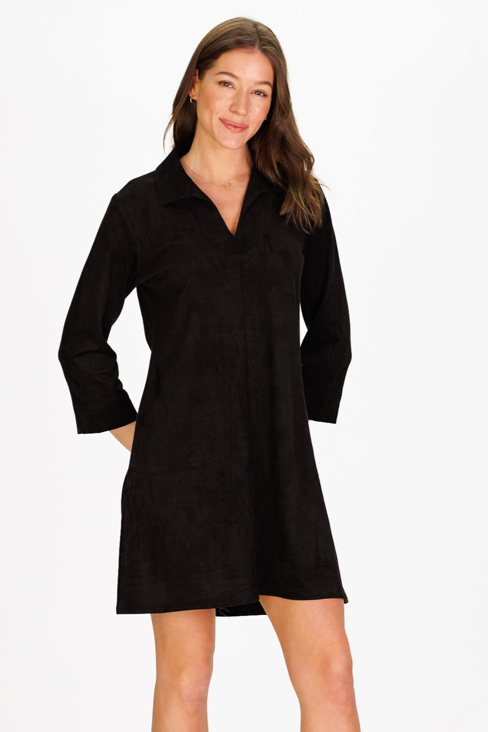 Suede Victoria Dress in Black | Classic A-Line Stretch Suede Duffield Lane Suede Victoria Dress in Black | Classic A-Line Stretch Suede Duffield Lane