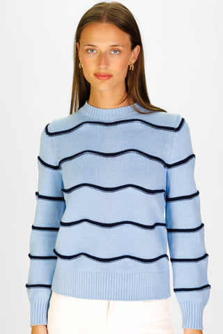 Wavy Puff Sleeve Sweater in Light Blue and Navy