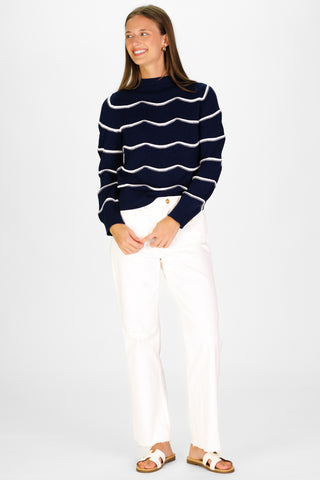 Scallop Stripe Cotton Sweater in Navy and White