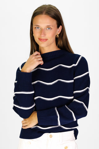 Scallop Stripe Cotton Sweater in Navy and White