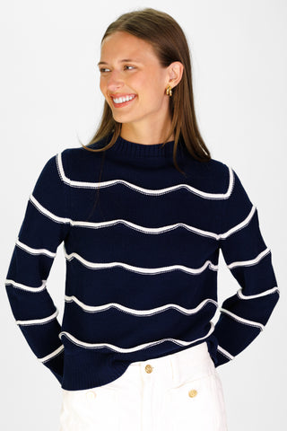 Scallop Stripe Cotton Sweater in Navy and White