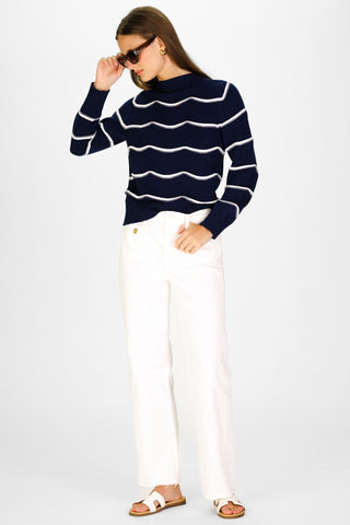Scallop Stripe Cotton Sweater in Navy and White