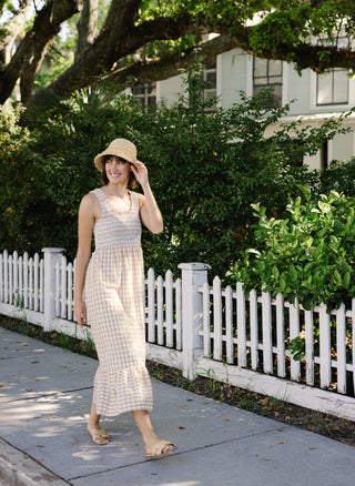 Winona Dress in Tan Gingham Seersucker