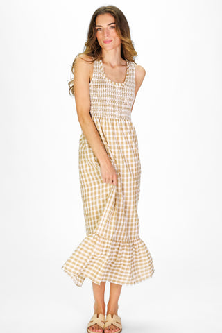 Winona Dress in Tan Gingham Seersucker