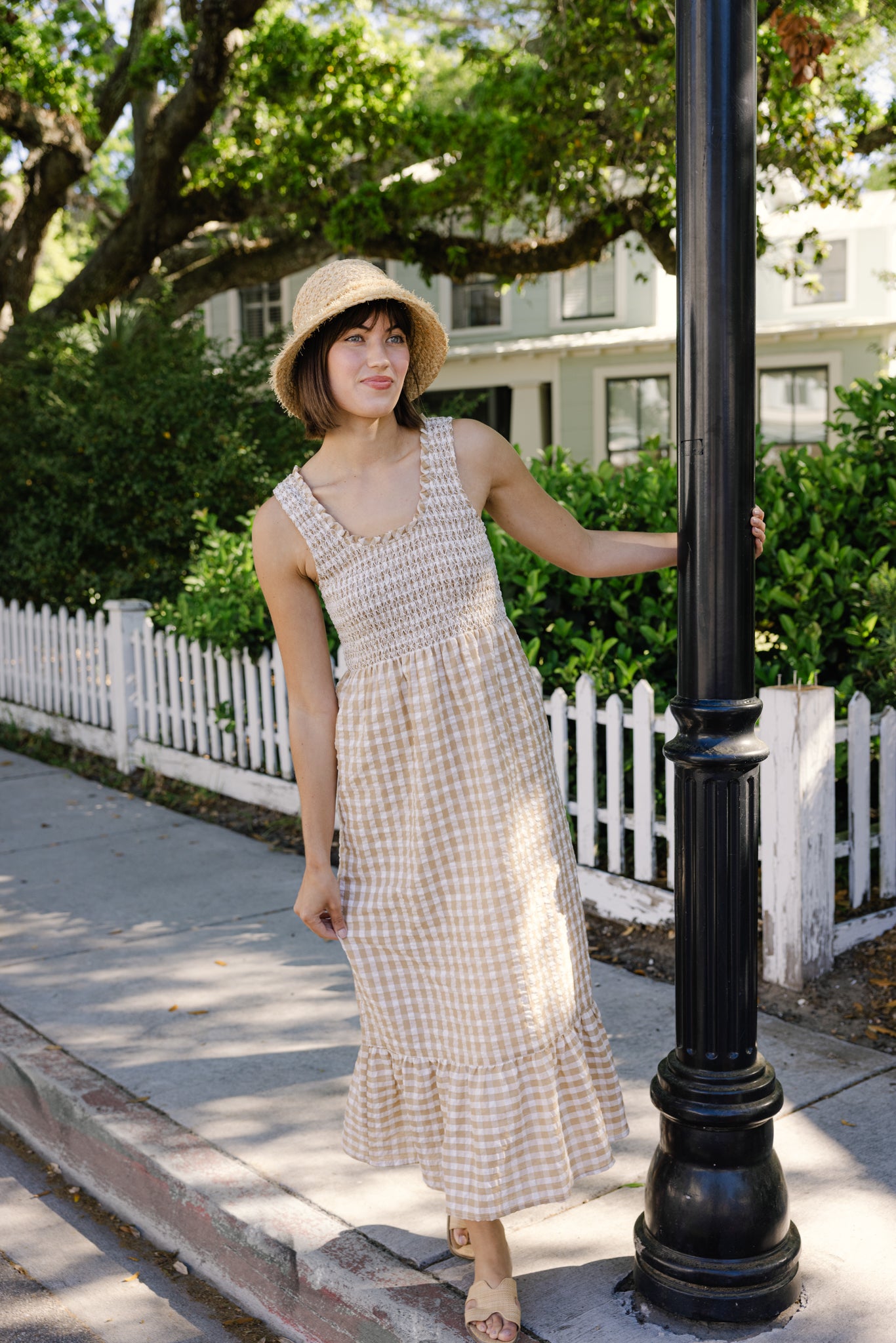 Women's Winona Dress in Tan Gingham Seersucker