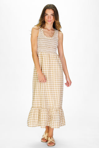 Winona Dress in Tan Gingham Seersucker