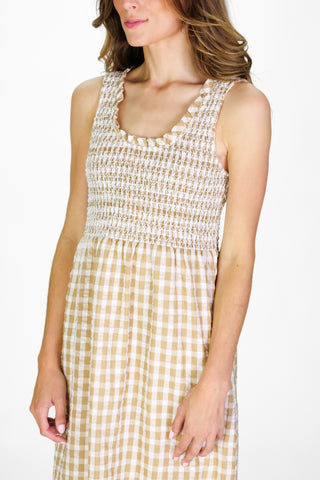 Winona Dress in Tan Gingham Seersucker