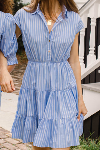 Valencia Dress in Light Blue Double Stripe