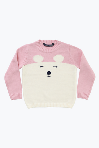 Girls Polar Bear Crew Neck in Ivory and Pink