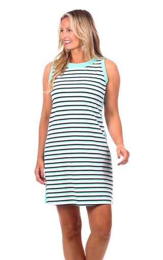 Claire Shift Dress in Navy & Aqua Stripe