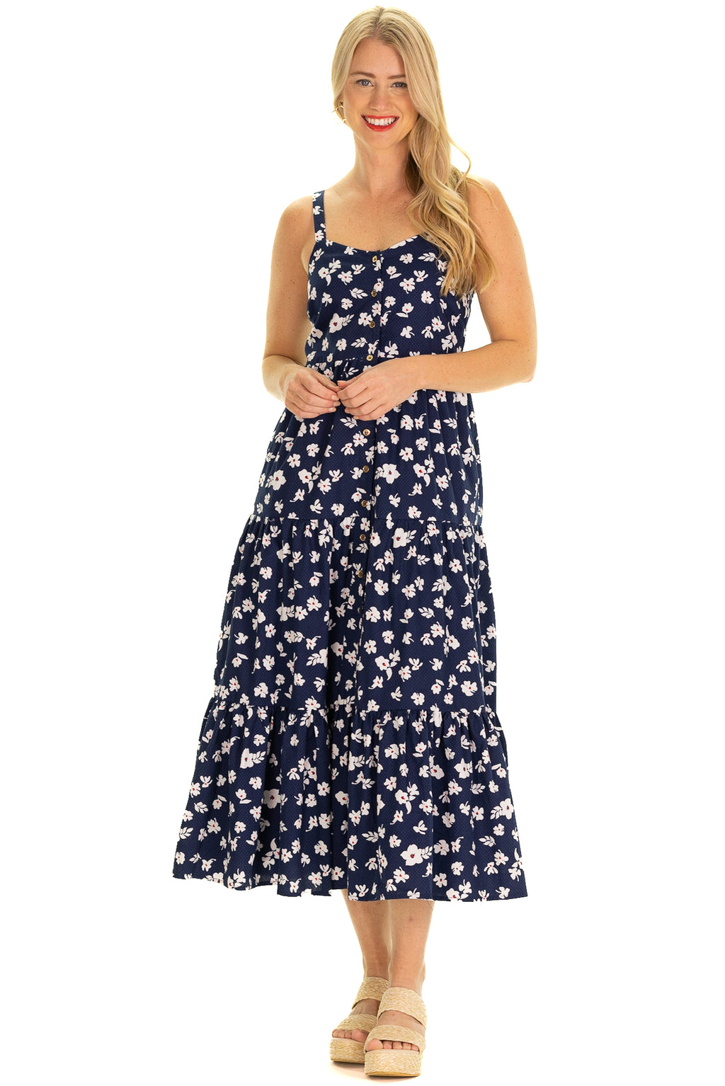 Navy Floral Tiered Dress with Adjustable Straps Duffield Lane Navy Floral Tiered Dress with Adjustable Straps Duffield Lane