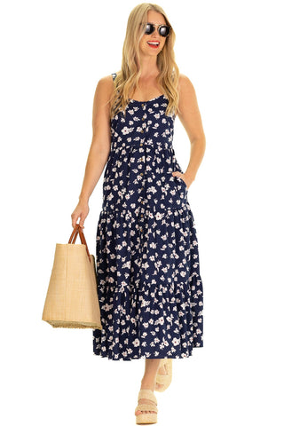 Navy Floral Tiered Dress with Adjustable Straps