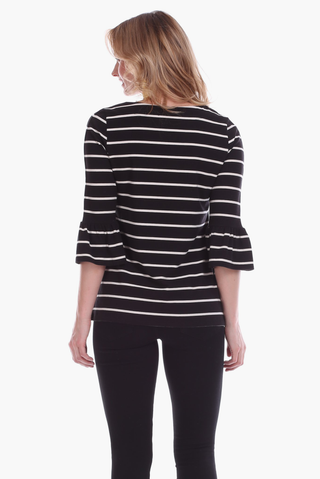 Rose Ruffle Sleeve Top in Black with Ivory Stripes