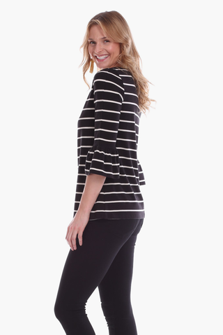 Rose Ruffle Sleeve Top in Black with Ivory Stripes