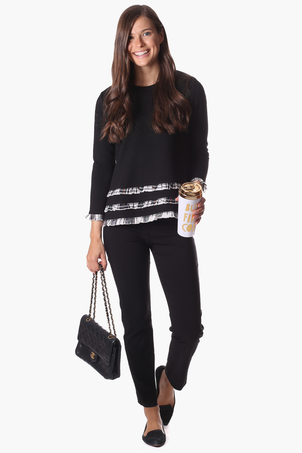 Rowe Ruffle Sweater in Black Star with Plaid – Duffield Lane