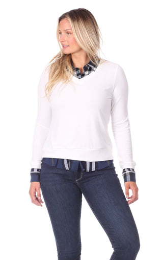 Sloane Top in White with Navy Plaid
