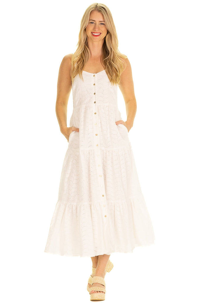 White eyelet tiered dress with adjustable straps