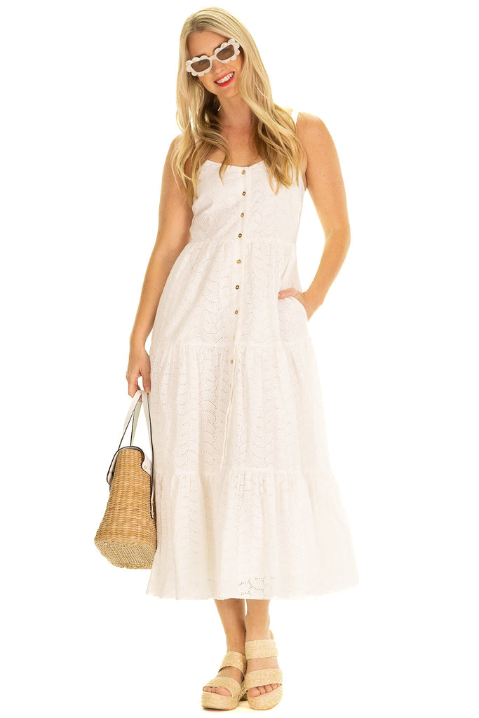 White eyelet tiered dress with adjustable straps