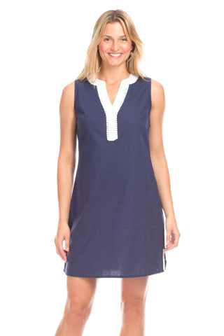 Bridgeport Dress in Navy Linen with White